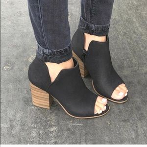 Black suede open toe booties